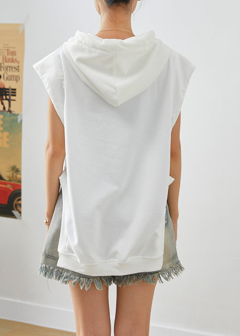 White Hooded Drawstring Side Open Cotton Sweatshirts Top Sleeveless