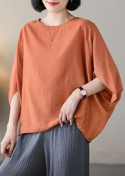 Orange Linen Loose Tank Top O-neck Batwing Sleeve