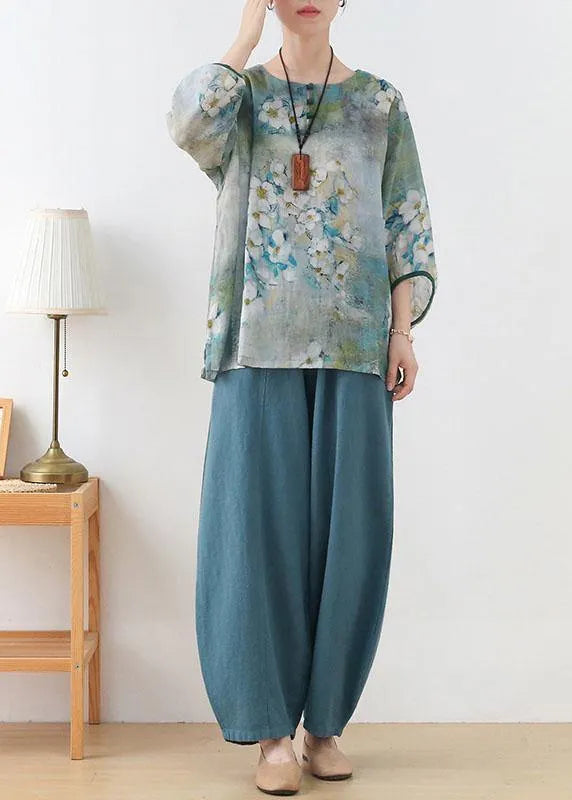 Blue Retro O-neck Fall Blouses Three Quarter Sleeve