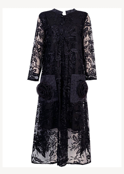 Italian Black Stand Collar Embroideried Pockets Patchwork Tulle Dress Fall