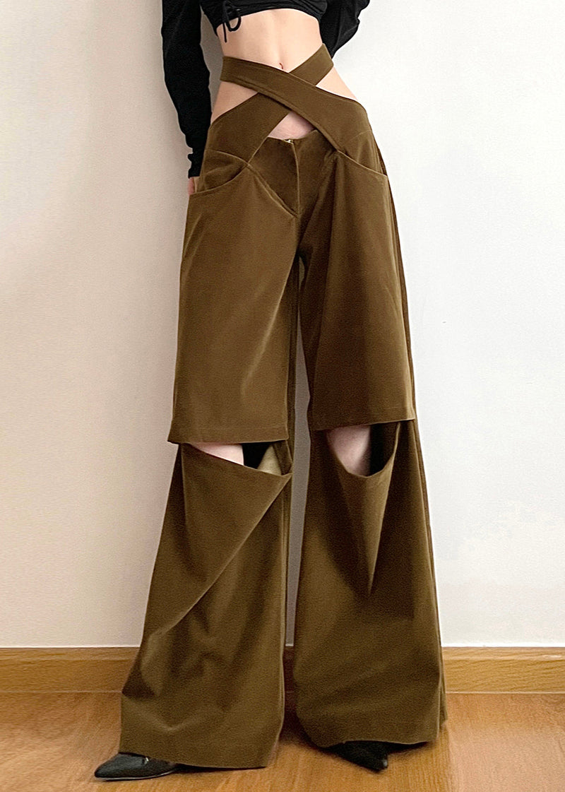 Brown Hollow Out Pockets Cotton Wide Leg Pants Fall