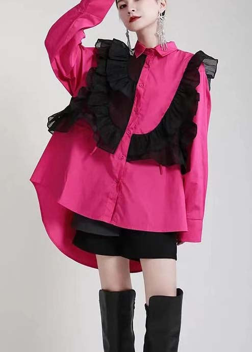 Stylish Black Peterpan Collar Button Ruffles Asymmetrical Design Fall Top Long Sleeve