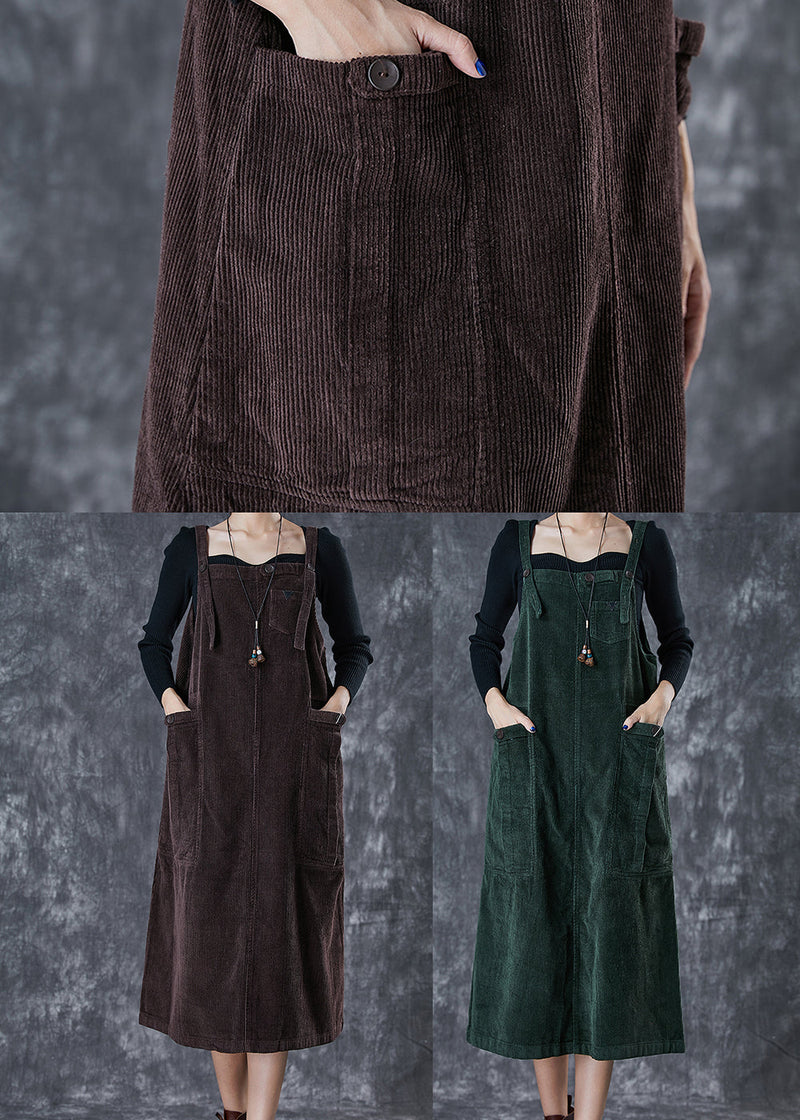 Blackish Green Oversized Pockets Corduroy Strap Dress Fall