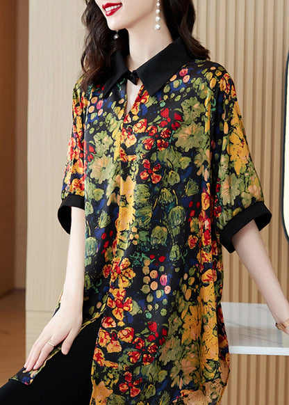 Peter Pan Collar Print Button Low High Design Shirts Short Sleeve