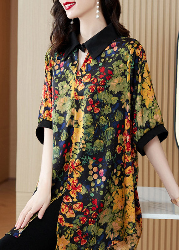 Peter Pan Collar Print Button Low High Design Shirts Short Sleeve