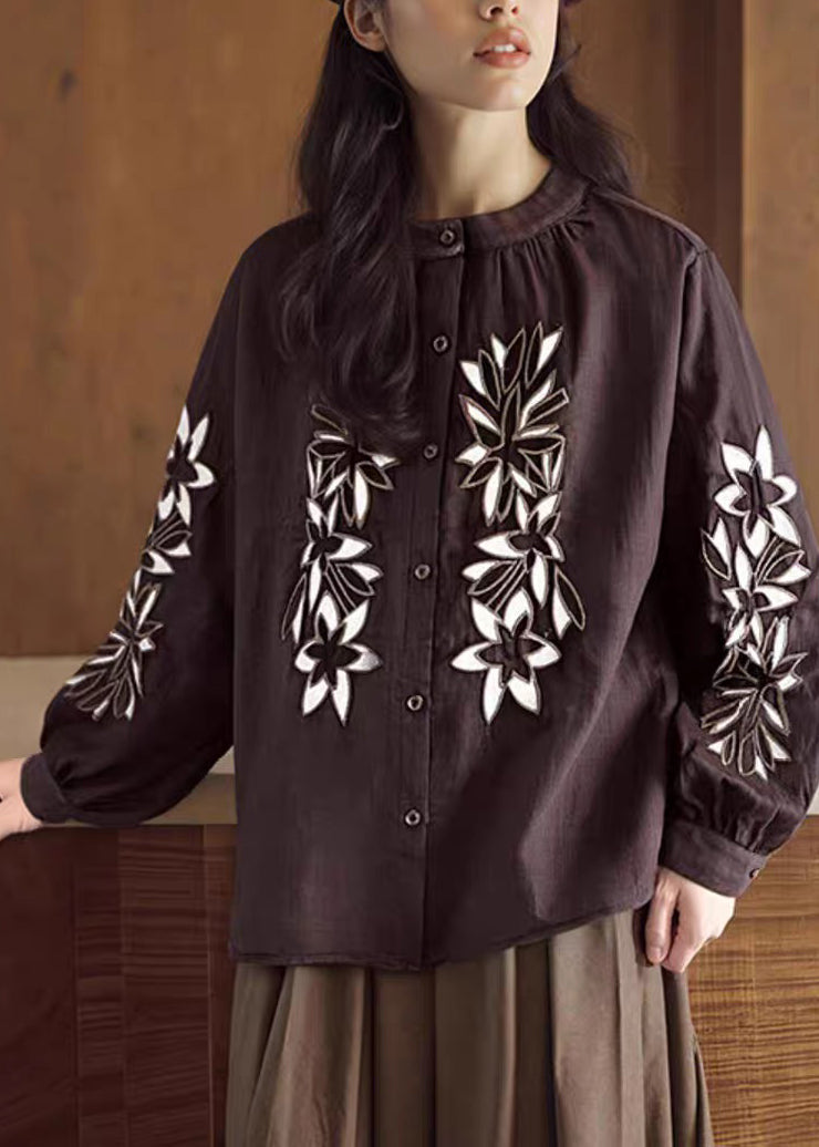 Coffee O-neck Button Embroidered Ramie Shirt Spring