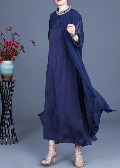 Fine Blue Embroidery Long Maxi Summer Spring Chiffon Dress
