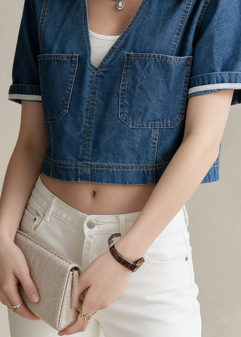 Navy Peter Pan Collar Pockets Denim Short Top Summer
