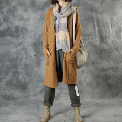 Brick Red Knit Pockets Embroideried Fall Cardigan Long Sleeve