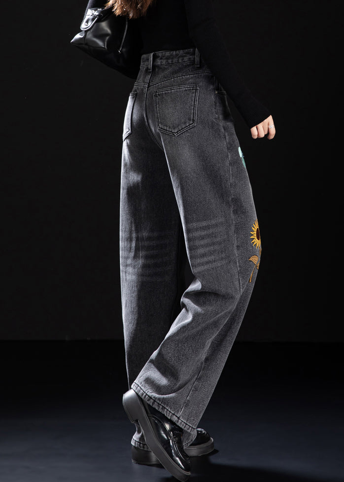 Handmade Black Embroidered Warm Fleece Denim Pants Spring