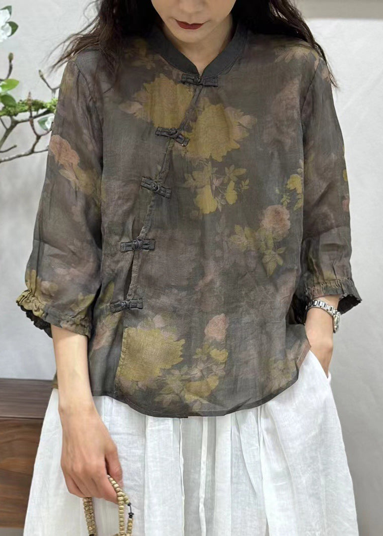 Green Chinese Button Print Linen Shirt Bracelet Sleeve