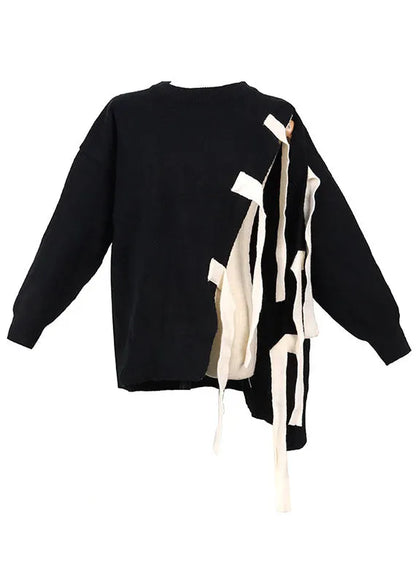 Organic Black O-neck Patchwork Asymmetrical Design Fall Knit Knitted Sweaters