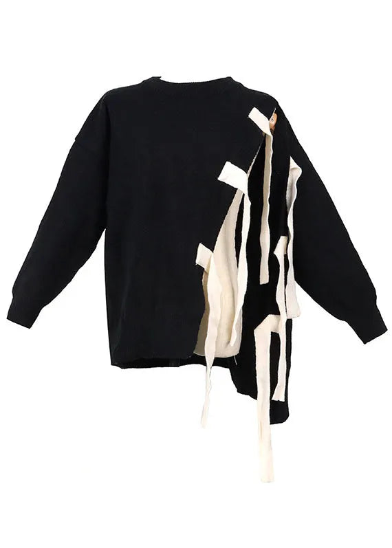 Organic Black O-neck Patchwork Asymmetrical Design Fall Knit Knitted Sweaters