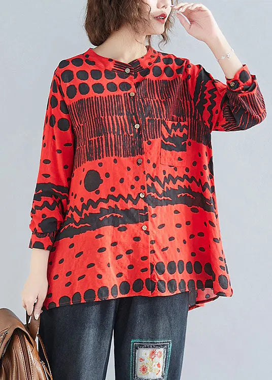 Red O-neck Button Print Pockets Fall Blouses Long Sleeve