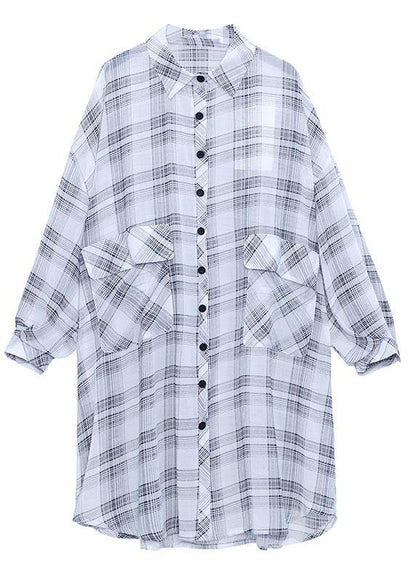 Black Plaid Summer Asymmetrical Long Sleeve Chiffon Shirt