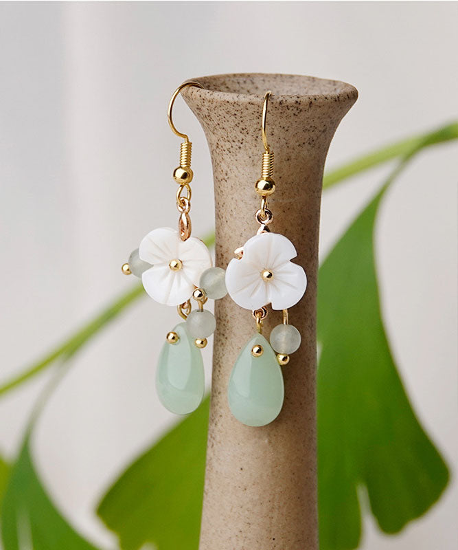 Boutique White Flower Jade 14k Gold Drop Earrings