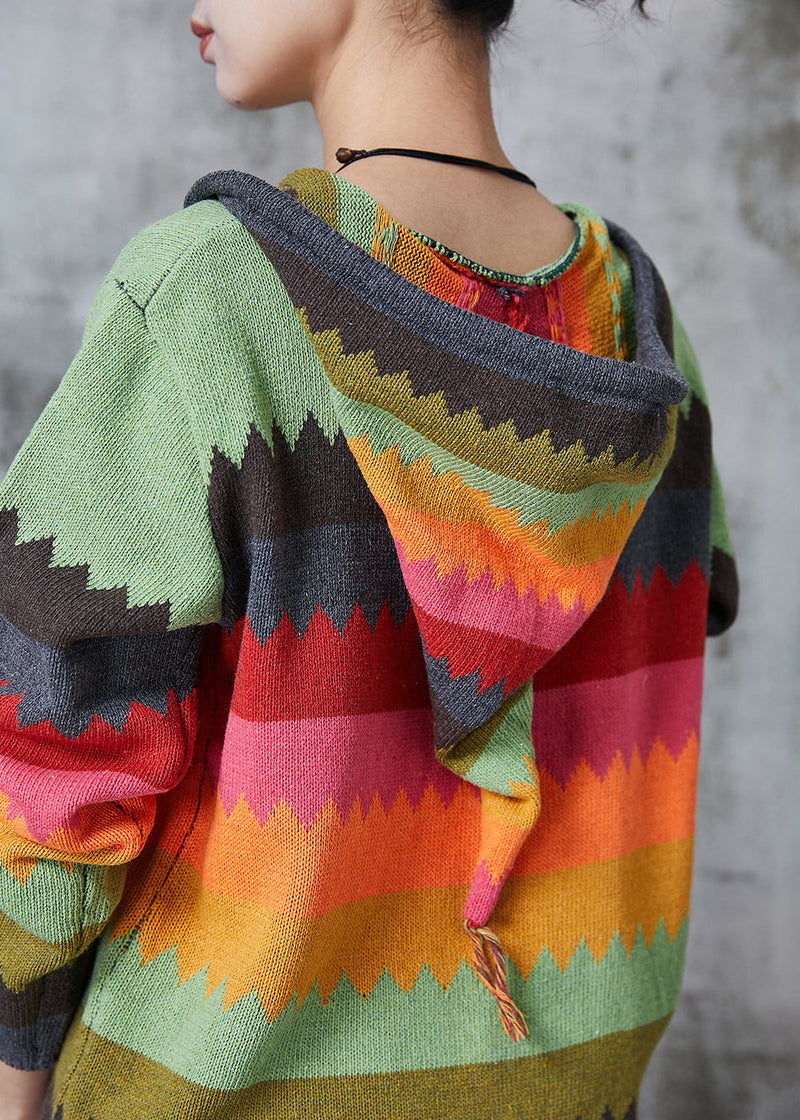 Green Hooded Print Knit Coat Spring