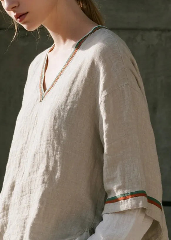 Apricot Oversized Patchwork Cotton Fake Two Piece Shirts Spring