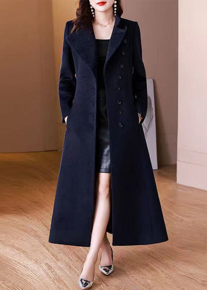 Navy Peter Pan Collar Button Woolen Long Coat Winter