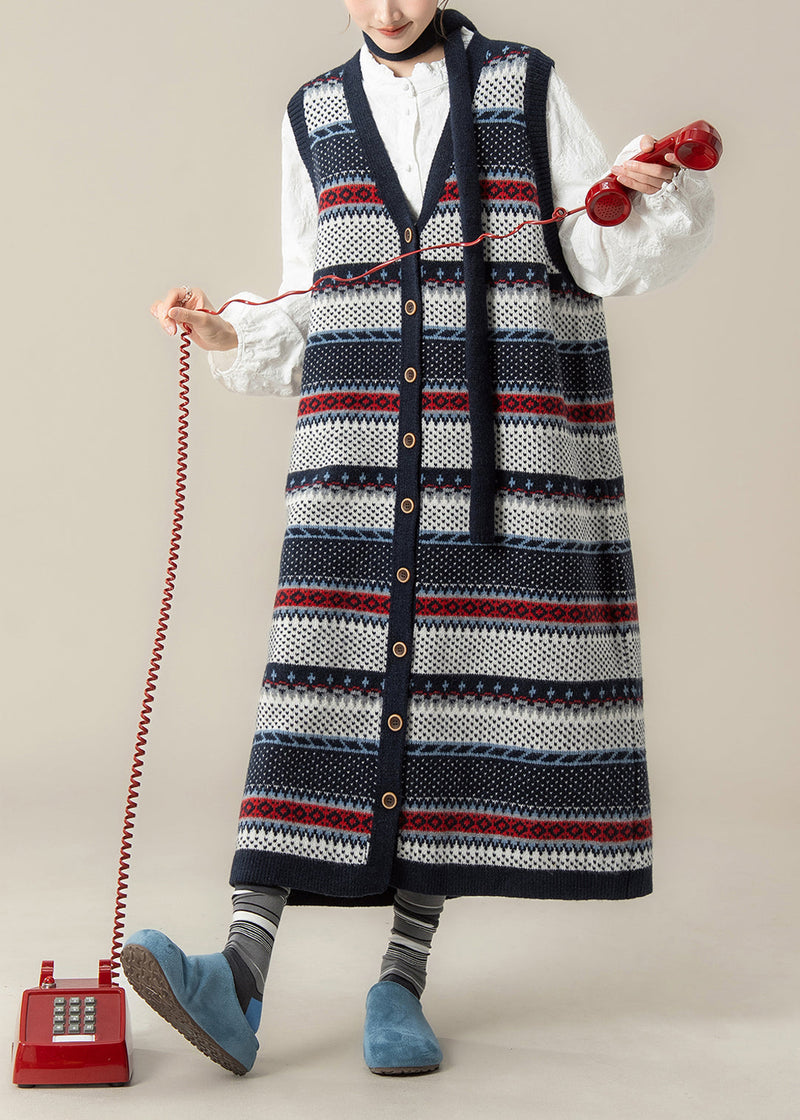 French Navy V Neck Jacquard Knit Vest Dress and Shirts 2 Piece Outfit Winter