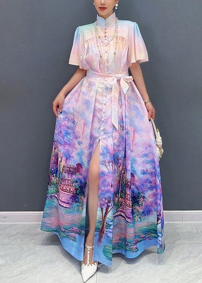 Violet Print Tie Waist Cotton Shirts Long Dresses Summer