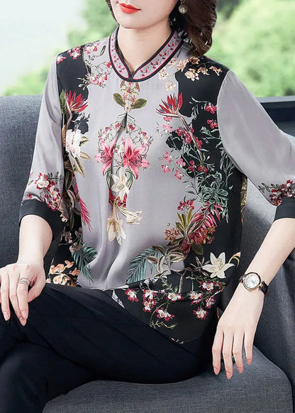 Grey Print Silk Top Stand Collar Half Sleeve