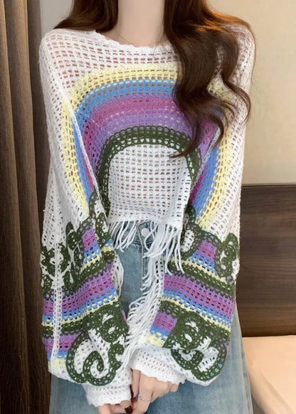 Brown O-neck Tassel Patchwork Knit Tops Fall