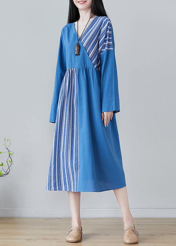Handmade Blue Striped Tunics for V Neck Patchwork Traveling Spring Dresses