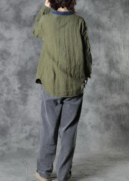 Organic Army Green Retro Pockets Fall Long Sleeve Top