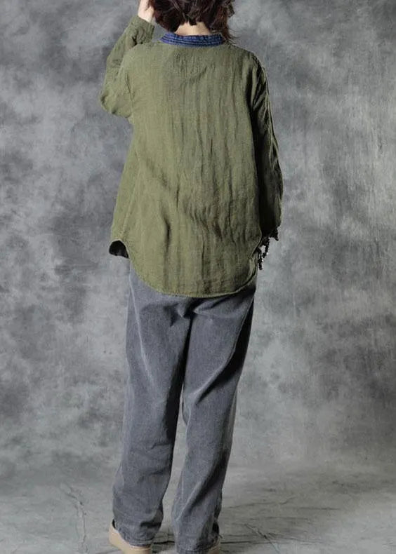 Organic Army Green Retro Pockets Fall Long Sleeve Top