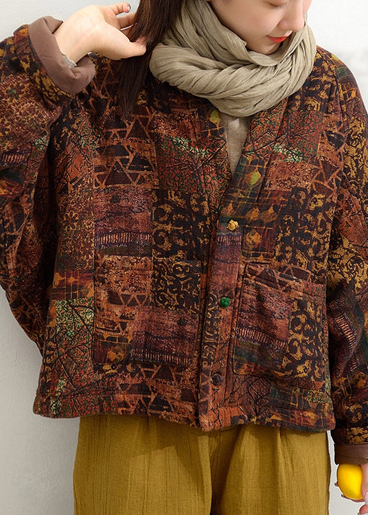 Coffee V Neck Pockets Patchwork Fine Cotton Filled Jacket Batwing Sleeve