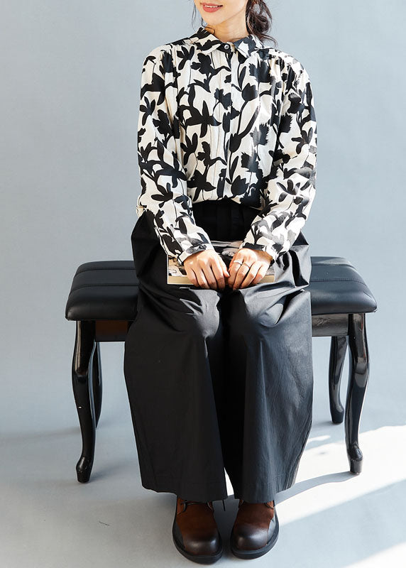 Boutique Black White Print Cotton Blouse Top Fall