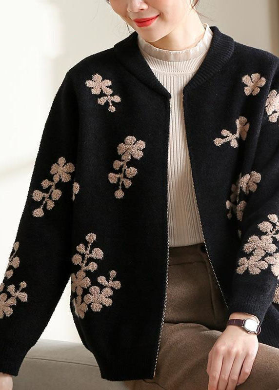 Stylish Black O-neck Embroideried Teddy Knitted Coat Long Sleeve