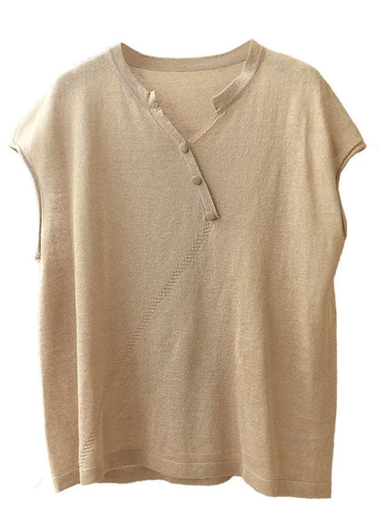 Beige V Neck Color Knit Tops Short Sleeve