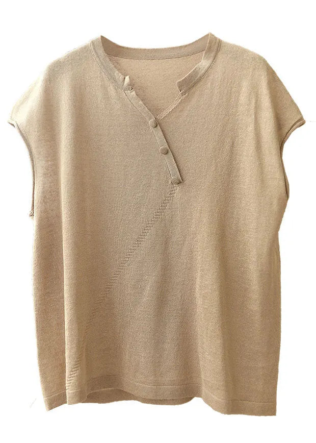 Beige V Neck Color Knit Tops Short Sleeve