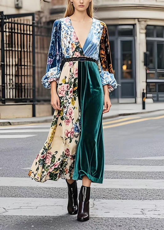 French Colorblock V Neck Patchwork Print Silk Velour Dresses Spring