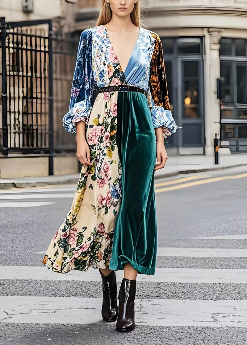 French Colorblock V Neck Patchwork Print Silk Velour Dresses Spring
