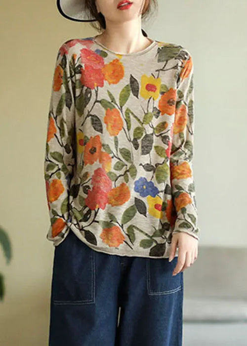 Beige O-neck Print Cotton Knitted Top Long Sleeve