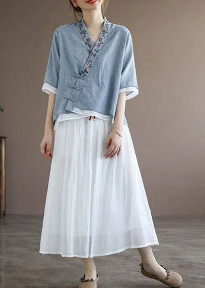 Chinese Style Lake Red Polka Dotsv Neck Double-deck Cotton Top Half Sleeve