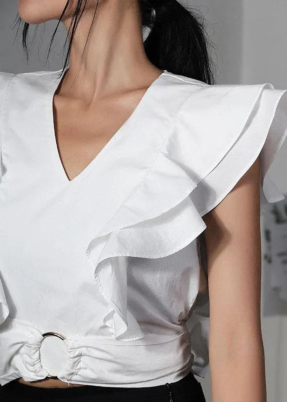 White V Neck Ruffleszippered Summer Top