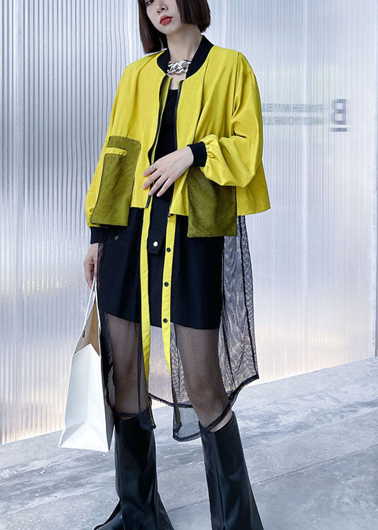 Black Zippered Pockets Tulle Patchwork Fall Long Sleeve Trench Coat