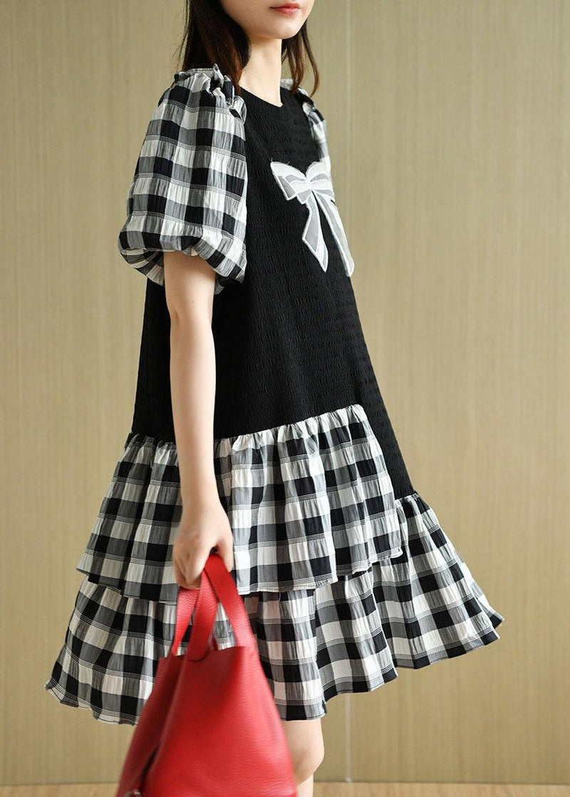 French Black Patchwork Plaid Summer Puff Sleeve Dresses
