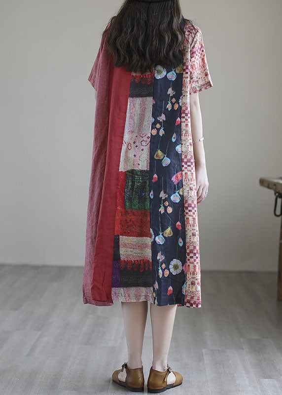 Red Loose Patchwork Cotton Blend Fall Short Sleeve Long Dresses