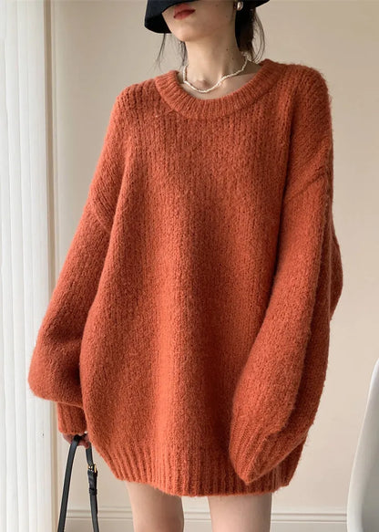 French Orange O Neck Thick Knit Sweater Tops Batwing Sleeve