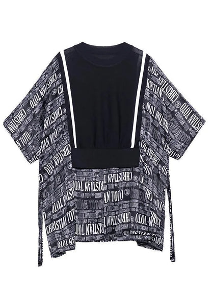 Black Patchwork Graphic Tie Waist Blouse Tops Summer