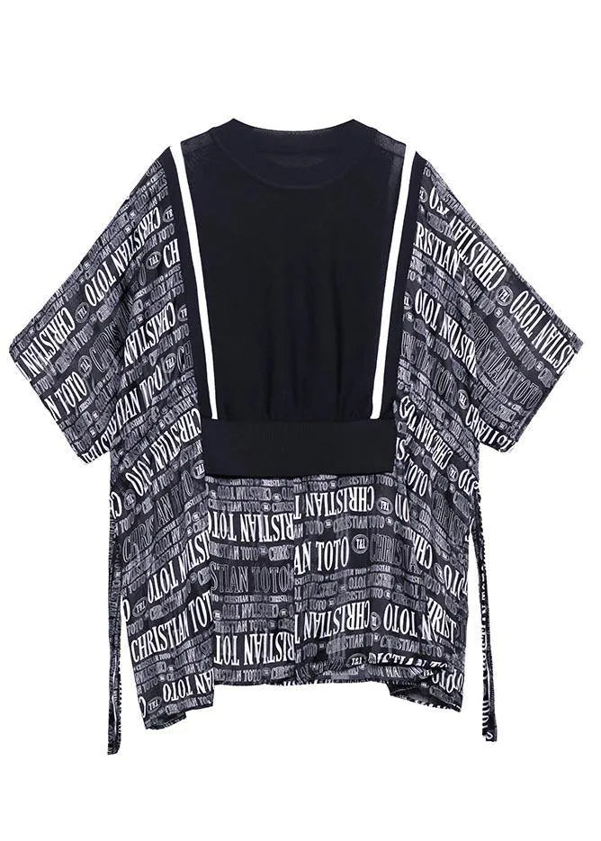 Black Patchwork Graphic Tie Waist Blouse Tops Summer