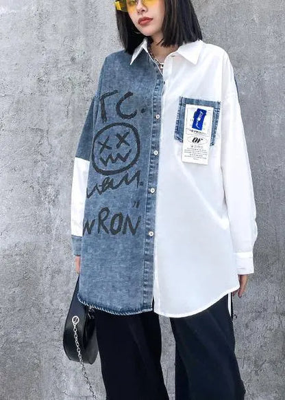 Letter Tunics for Lapel Patchwork Knee Spring Blouses