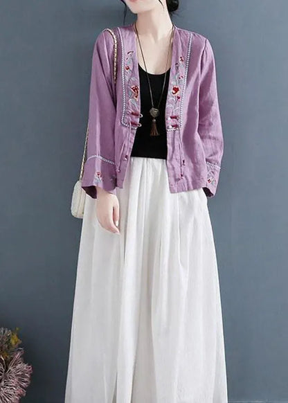 Diy Purple V Neck Embroideried Patchwork Shirts Long Sleeve