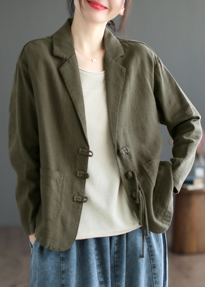 Brown Tasseled Button Pockets Patchwork Linen Coats Fall