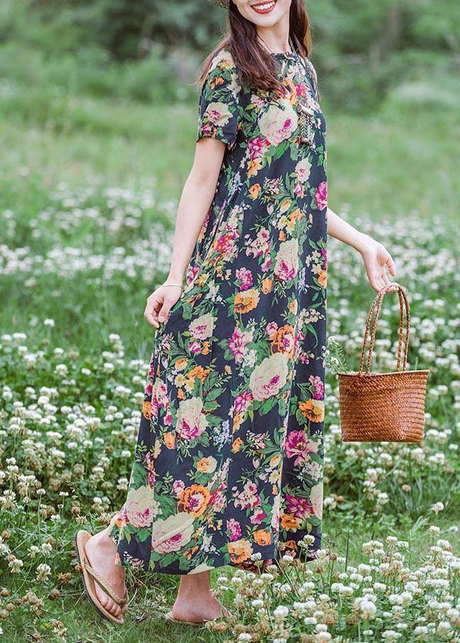 Style Navy Print Tunics Chinese Button Traveling Summer Dress